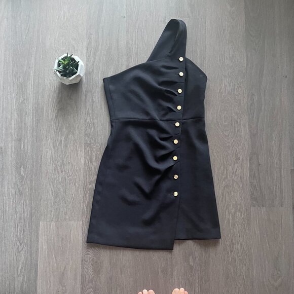 SANDRO Black “Melinda” One Shoulder Mini Dress with Gold Buttons - Picture 15 of 15